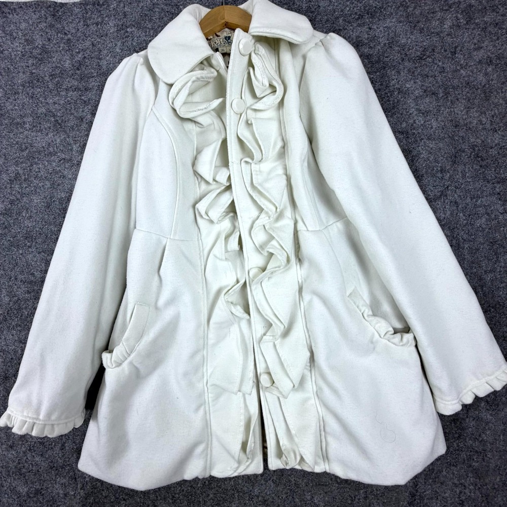 Vintage Y2K Jolt Pea Coat Womens Large Off White Bow Detail Back Ruffled Girly